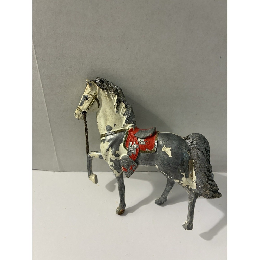 Vintage Cast Iron Horse Figurine Chain Reins Red Saddle Toy Gray White Pony